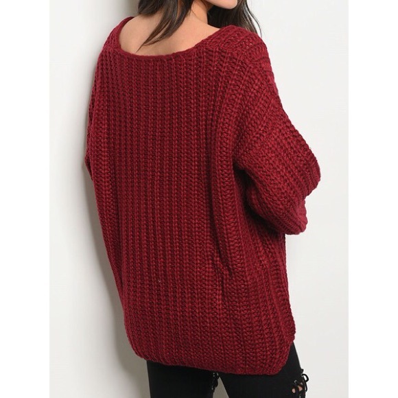 Burgundy oversized chunky cotton knit sweater - Picture 3 of 3